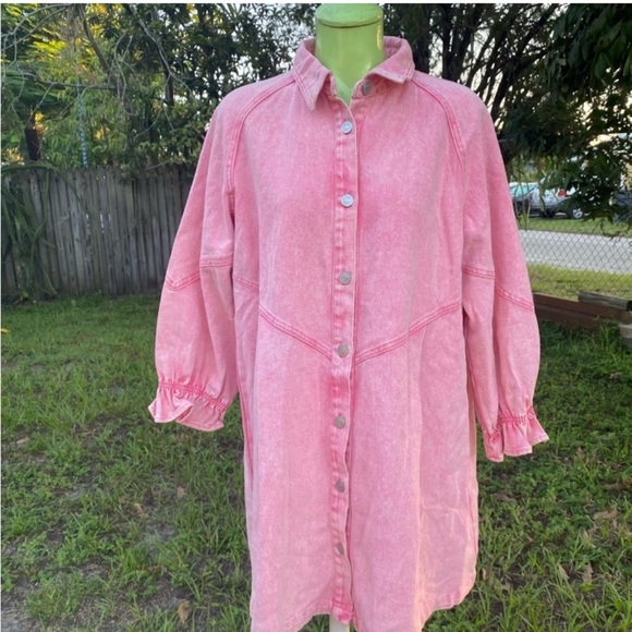 Pink mini dress  denim ruffle dress 100% cotton Small Western - Picture 2 of 7